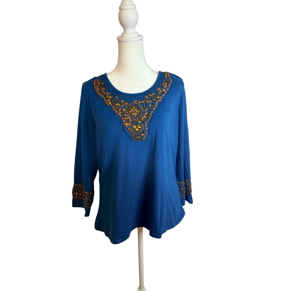 Cold Water Creek women’s vibrant royal blue l3/4”-sleeve henley top Large